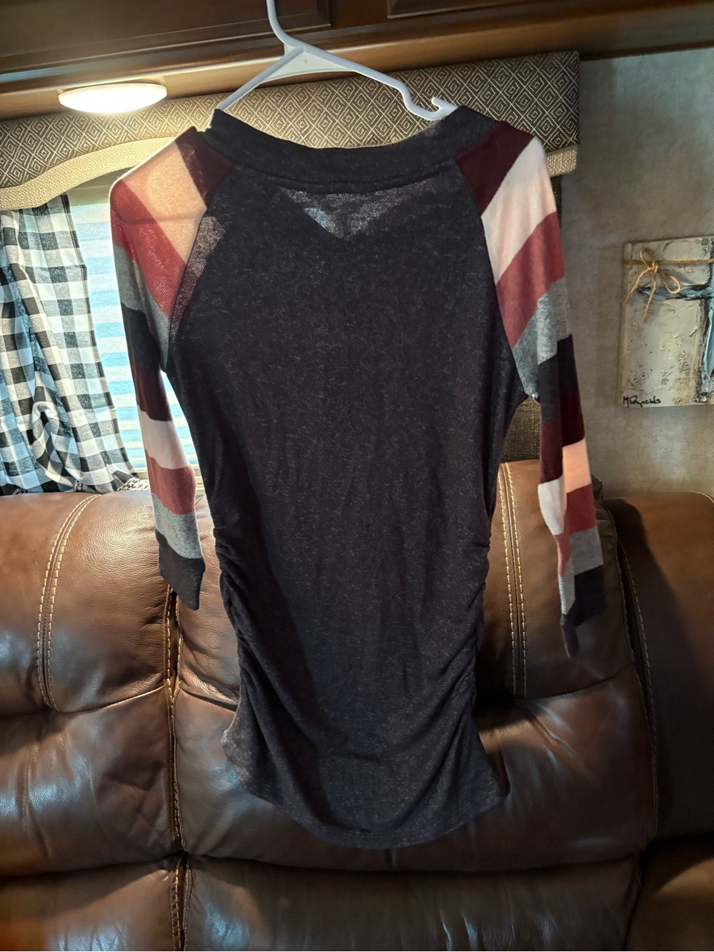 Striped Sleeve Raglan Top - gray and Burgundy, maternity